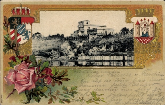 Embossed passepartout coat of arms Postcard Aschaffenburg in Lower Franconia, Pompejanum