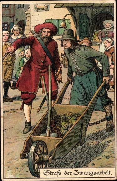 Artist Postcard Jodolfi, punishment of forced labour, convicted criminal with wheelbarrow, shame bell
