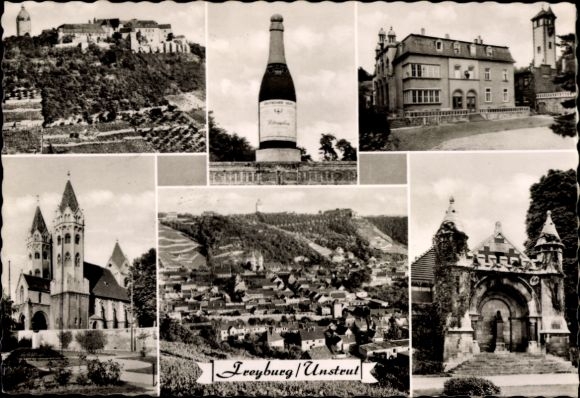 Ak Freyburg an der Unstrut, Gesamtansicht, Sektflasche, Tor, Kirche