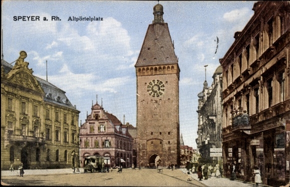 Ak Speyer am Rhein, Altpörtelplatz,  Uhrturm,  Gebäude