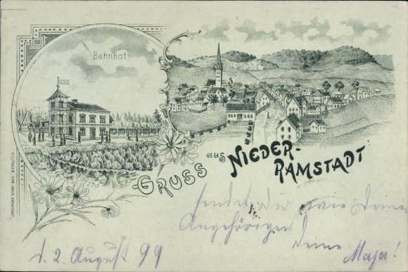 Chromo-Litho Nieder Ramstadt Mühltal in the Odenwald, train station, town view