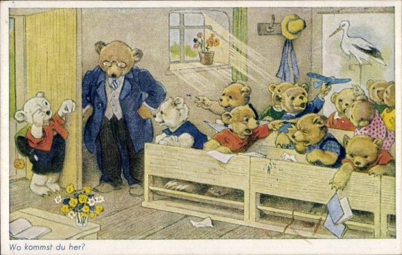 Artists Postcard Baumgarten, Fritz, Where do you come from? Bears, Classroom