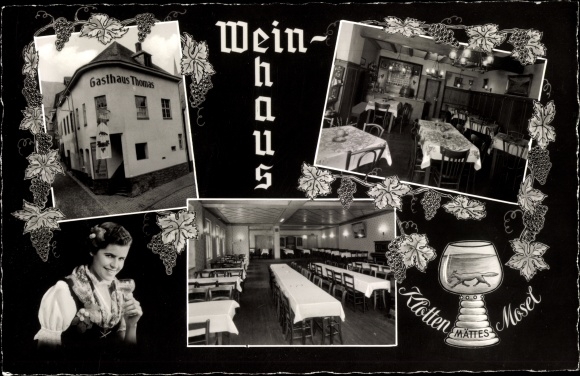 Postcard Klotten an der Mosel, Weinhaus Pension Fuchse Mättes, woman in costume, wine glass