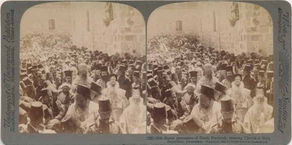 Stereo Photo Jerusalem Israel, The Greek Patriarch during the Easter Ceremony