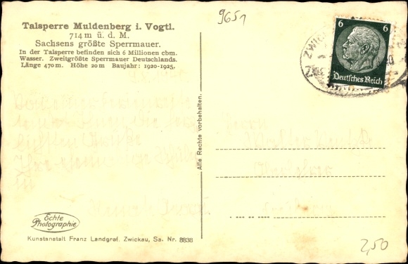 Postcard Muldenberg Grünbach im Vogtland, dam Muldenberg, Saxony&#39;s largest dam