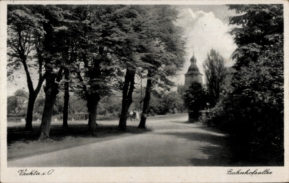 Ak Vechta in Oldenburg, Durch eine Allee, Blick auf einen Turm, Bäume entlang der Straße