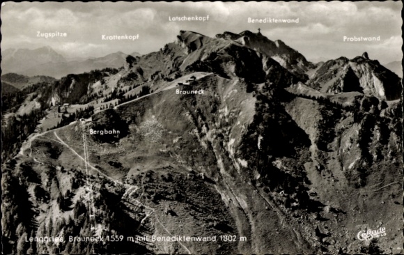 Postcard Lenggries in Upper Bavaria, mountain landscape, Brauneck, Benediktenwand, Latschenkopf, Zugspitze