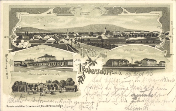 Chromo-Litho Leobersdorf Lower Austria, Panorama, Train Station, Restaurant