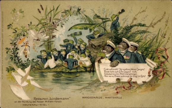 Postcard Holtenau Kiel, Restaurant Lindemann, mural waiting room, humanized animals, frogs