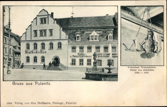 Postcard Pulsnitz Sachsen, Ratskeller, police clerk&#39;s office, savings bank, knights of Schlieben