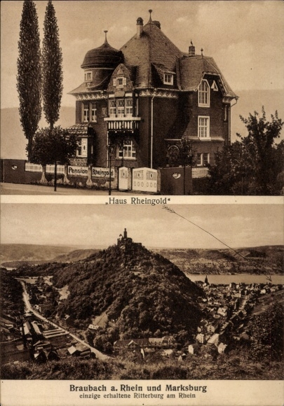 Postcard Braubach am Rhein, Haus Rheingold, Marksburg and surroundings
