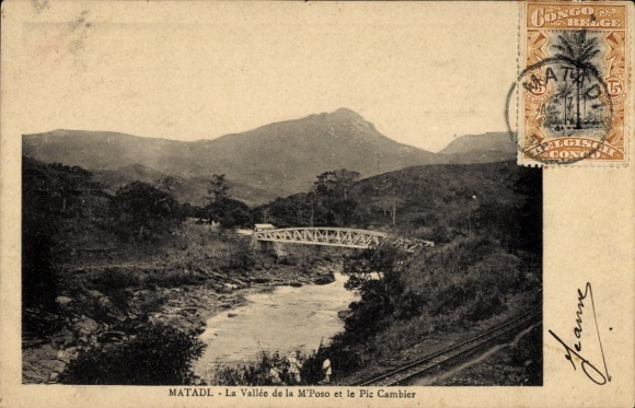 Ak Matadi DR Kongo Zaire, Brücke über den Fluss, Berge im Hintergrund, Text in Französisch