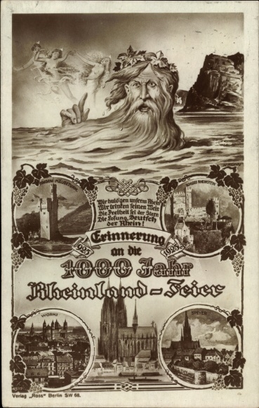 Ak 1000-Jahrfeier Rheinland, Vater Rhein, Kölner Dom, Binger Mäuseturm, Schloss Rheinstein