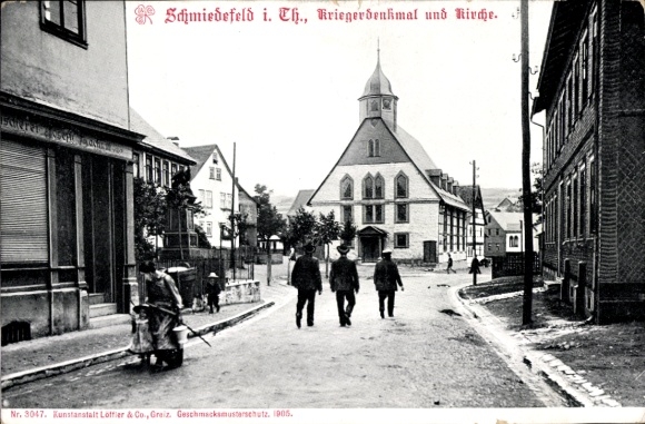 Postcard Schmiedefeld am Rennsteig Thuringia, war memorial, church