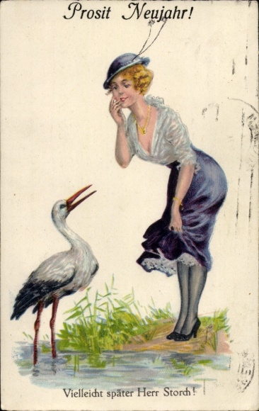 Postcard Maybe later Mr. Stork, lady with hat on the shore