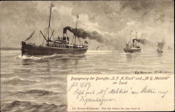 Artist PC Krause Wichmann, steamer CPA Koch and MG Melchior, meeting in the sound