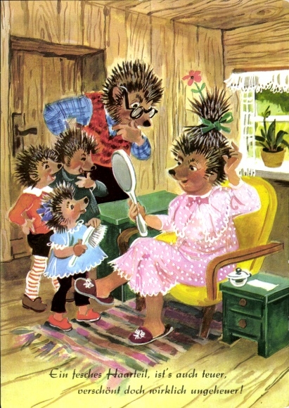 Künstler Ak Vermenschlichte Igel, Familie, Igelfrau mit Handspiegel, Ein fesches Haarteil