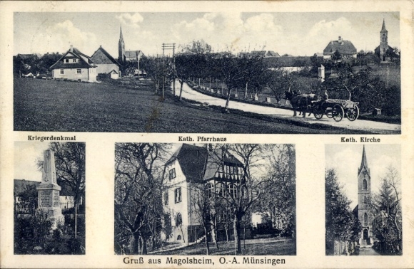 Ak Magolsheim Münsingen in Württemberg, Kriegerdenkmal, Kirche, Pfarrhaus