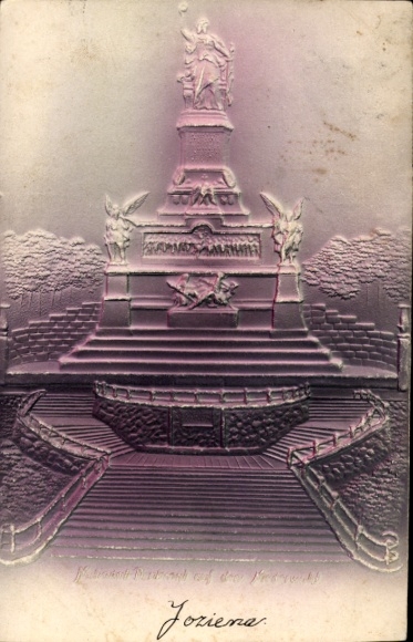Postcard Niederwald Kirchhain in Hesse, relief of the national monument, statue, battlements, stairs, landscape...