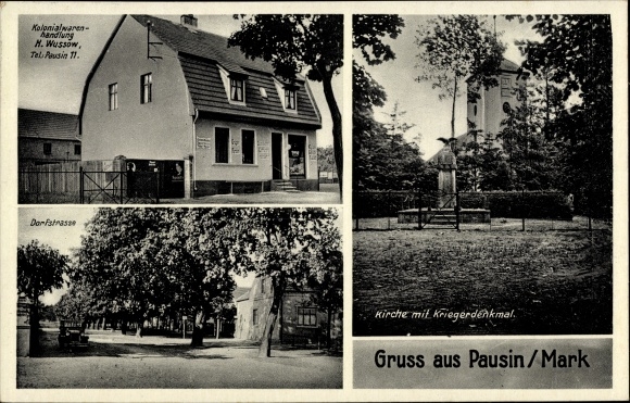 Postcard Pausin Schönwalde Glien Havelland, grocery store, church, war memorial