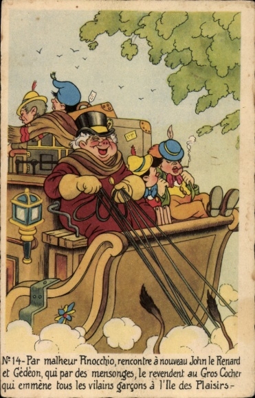 Ak Walt Disney, Par malheur Rinocchio, rencontre à nouveau John le Renard et Gédéon