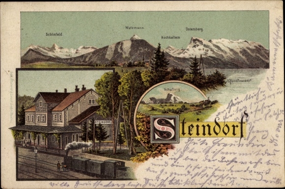 Chromo-Litho Steindorf am Ossiacher See Carinthia, train station, track side, Watzmann, Hochkalter