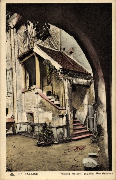 Postcard Falaise Calvados, half-timbered house with staircase in Renaissance style