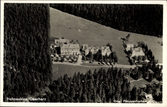 Postcard Hahnenklee Bockswiese Goslar in the Harz Mountains, aerial photograph, Hotel Waldgarten