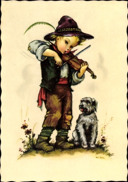 Artist Postcard Hilde, boy playing the violin, terrier