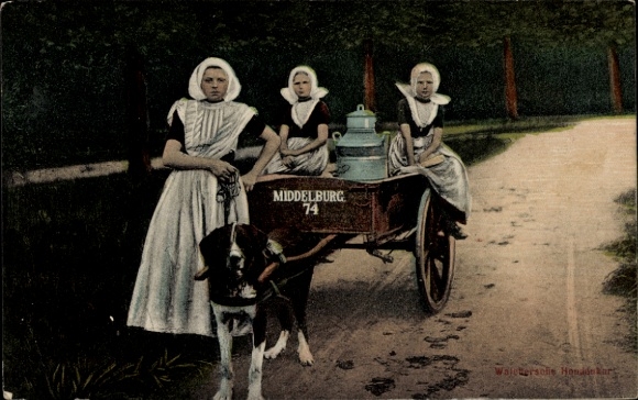 Ak Middelburg Zeeland Niederlande, Milchmädchen, Arbeitshund