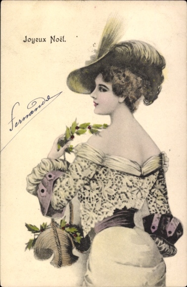 Art Nouveau Chromo-Litho Merry Christmas, woman portrait, holly branches
