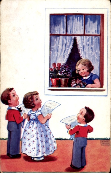 Artist Postcard Wills, John, Girl at the Window, Singing Children