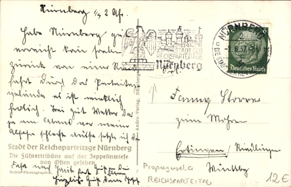 Postcard Nuremberg, Nazi Party Rally Grounds, Führer's stand on the Zeppelinwiese, seen from the east