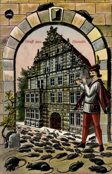 Ak Hameln an der Weser Niedersachsen, Mann mit Flöte, Ratten, Gebäude, Gruß aus Hameln
