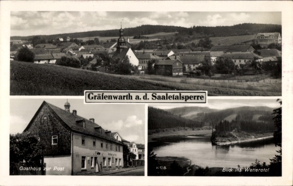 Postcard Gräfenwarth Schleiz, Bleilochsperre, Gräfenwarth, Gasthaus zur Post, view of the Wetteratol, K12