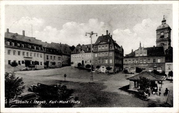 Postcard Lößnitz in the Ore Mountains of Saxony, view of Karl Marx Square, bus stop, pastry shop, Ratskeller