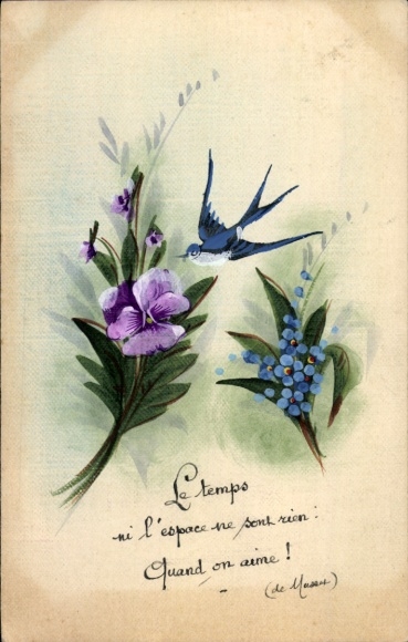 Artist Postcard Swallow between bouquets