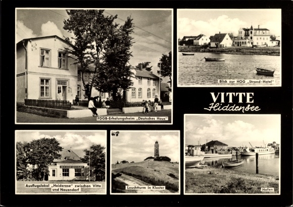 Postcard Vitte Island Hiddensee, lighthouse, harbor, FDGB convalescent home German house, monastery, heather rose