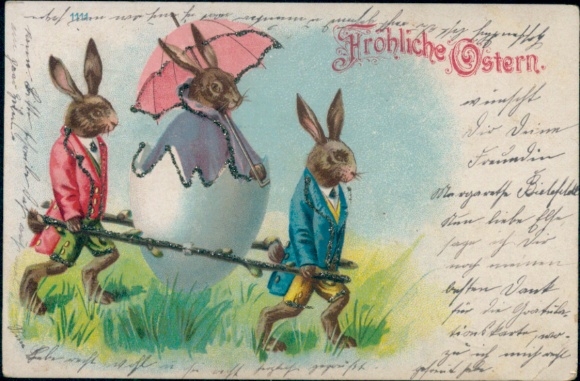 Glitter Postcard Happy Easter, Easter bunnies, sedan chair made of eggshell