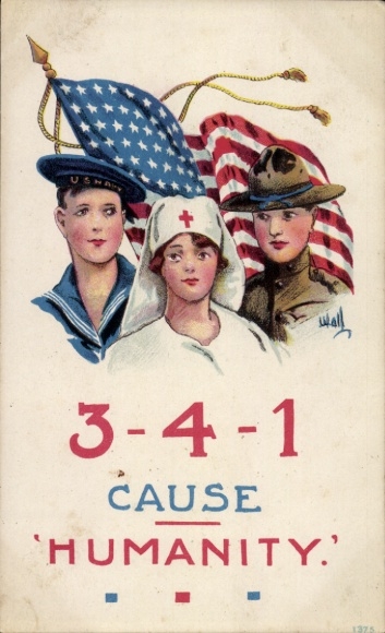 Kunstenaar Ak Bernhardt Wall, 3-4-1 cause Humanity, Amerikaans leger, Amerikaanse marine, verpleegster, vlag, 1. WK