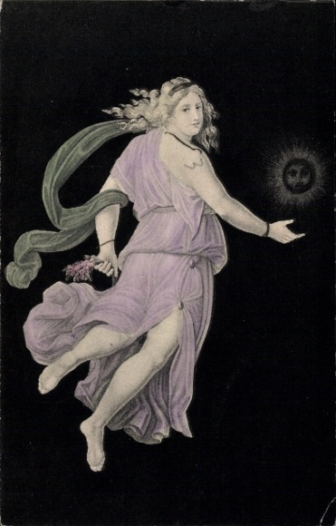 Postcard woman with moon, allegory time of day