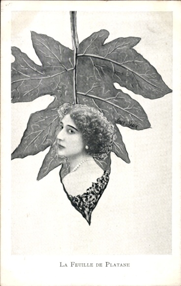 Kunstenaar Ak Sager, Xavier, vrouw, portret, plataanblad