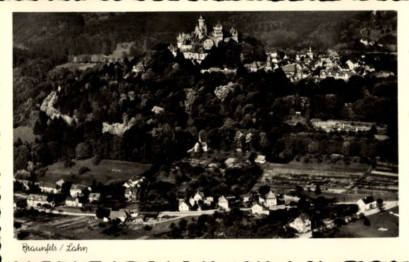 Postcard Braunfels on the Lahn, aerial view of castle, forest, houses, landscape