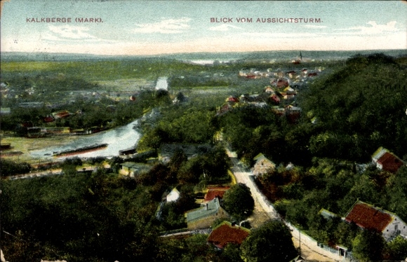 Postcard Kalkberge Rüdersdorf in der Mark, panoramic view, observation tower, river, houses, rural landscape...