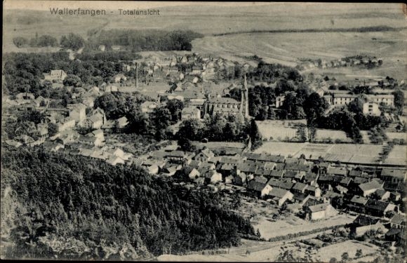 Postcard Wallerfangen, view of the town with church, fields