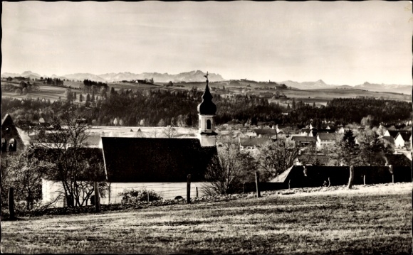 Postcard Wessobrunn in Upper Bavaria, church in the foreground, landscape in the background, Alps in the background
