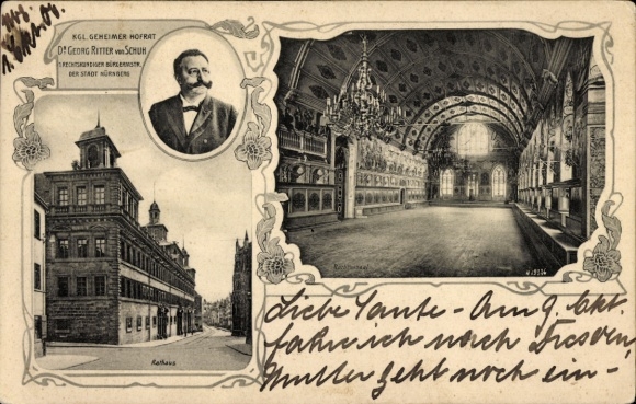Postcard Nuremberg in Middle Franconia, Georg Ritter von Schuh, Mayor, Town Hall, Hall