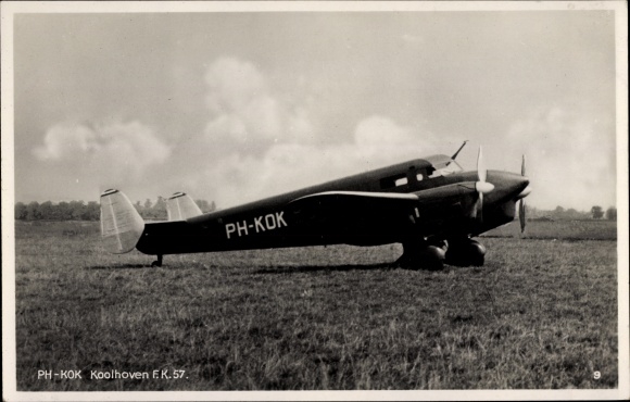 Postcard Dutch passenger aircraft, PH KOK Koolhoven FK 57