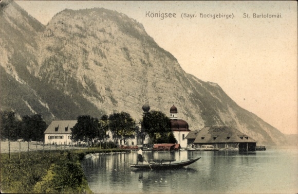 Postcard Sankt Bartholomä Schönau am Königssee, St. Bartolomäi, boat