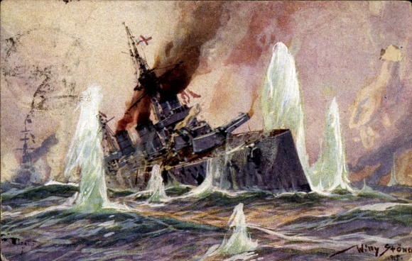 Artist Postcard Stöwer, Willy, Naval Battle North Sea 1915, English Battlecruiser, German Cruisers